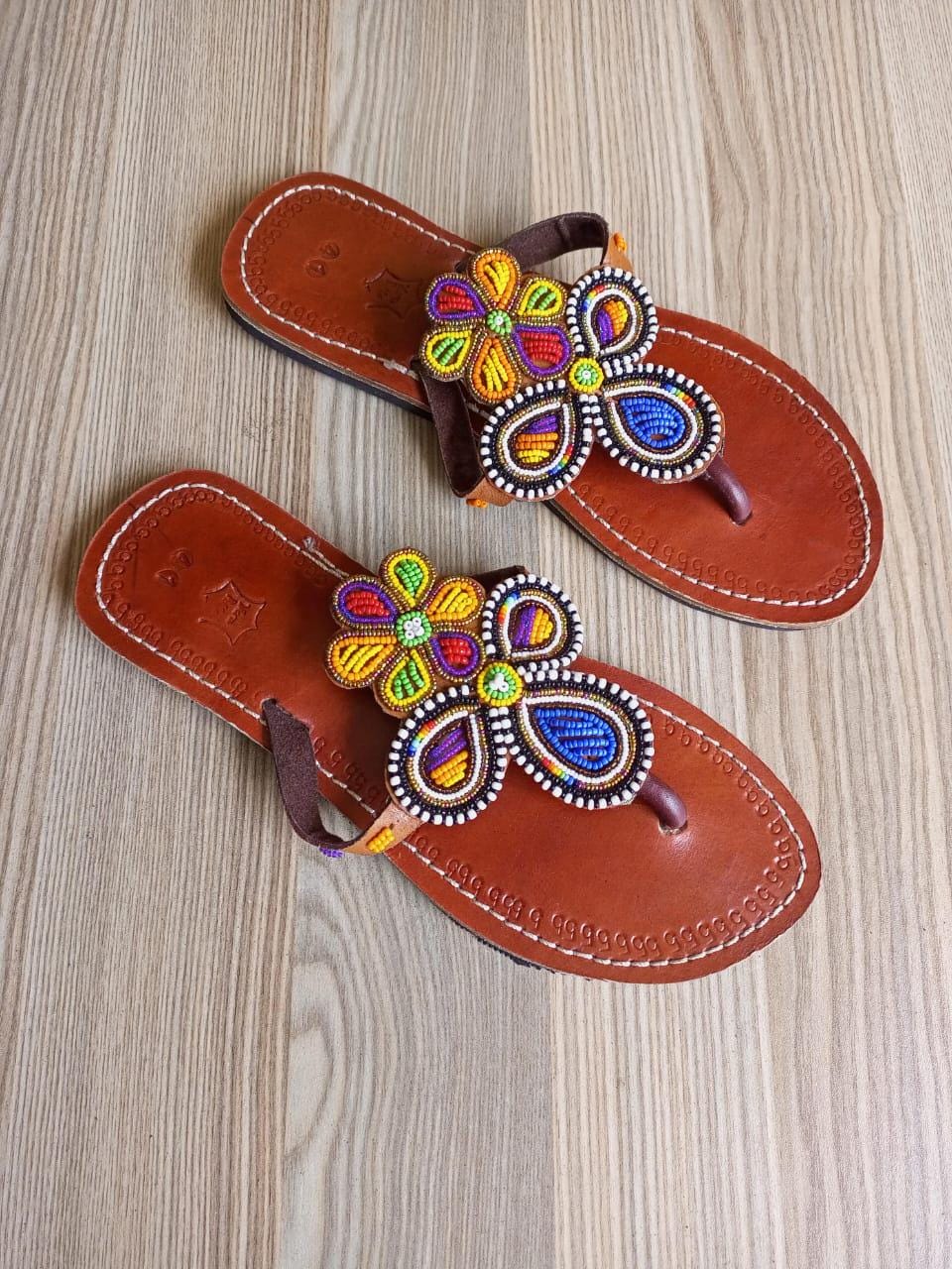 Handmade African Beaded Sandals/Authentic Maasai-Style Leather Flip-Flops Women/Boho Beach Sandals/Comfortable Summer Sandal African Gifts