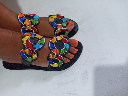 Handmade African Beaded Sandals/Authentic Maasai-Style Leather Flip-Flops Women/Boho Beach Sandals/Comfortable Summer Sandal African Gifts