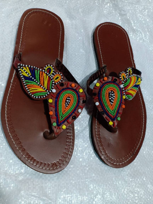 Handmade African Beaded Sandals/Authentic Maasai-Style Leather Flip-Flops Women/Boho Beach Sandals/Comfortable Summer Sandal African Gifts