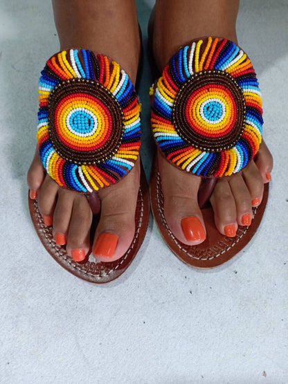 Handmade African Beaded Sandals/Authentic Maasai-Style Leather Flip-Flops Women/Boho Beach Sandals/Comfortable Summer Sandal African Gifts