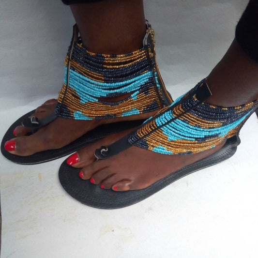 Handmade African Beaded Sandals/Authentic Maasai-Style Leather Flip-Flops Women/Boho Beach Sandals/Comfortable Summer Sandal African Gifts