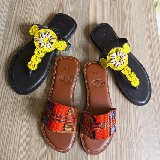 Handmade African Beaded Sandals/Authentic Maasai-Style Leather Flip-Flops Women/Boho Beach Sandals/Comfortable Summer Sandal African Gifts
