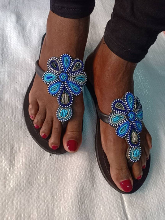Handmade African Beaded Sandals/Authentic Maasai-Style Leather Flip-Flops Women/Boho Beach Sandals/Comfortable Summer Sandal African Gifts