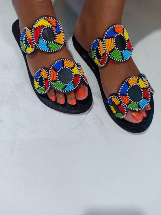 Handmade African Beaded Sandals/Authentic Maasai-Style Leather Flip-Flops Women/Boho Beach Sandals/Comfortable Summer Sandal African Gifts