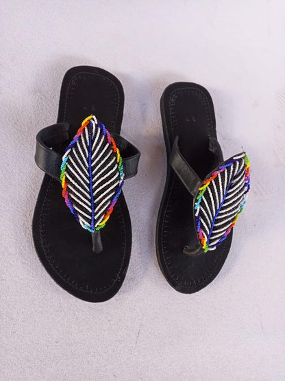 Handmade African Beaded Sandals/Authentic Maasai-Style Leather Flip-Flops Women/Boho Beach Sandals/Comfortable Summer Sandal African Gifts