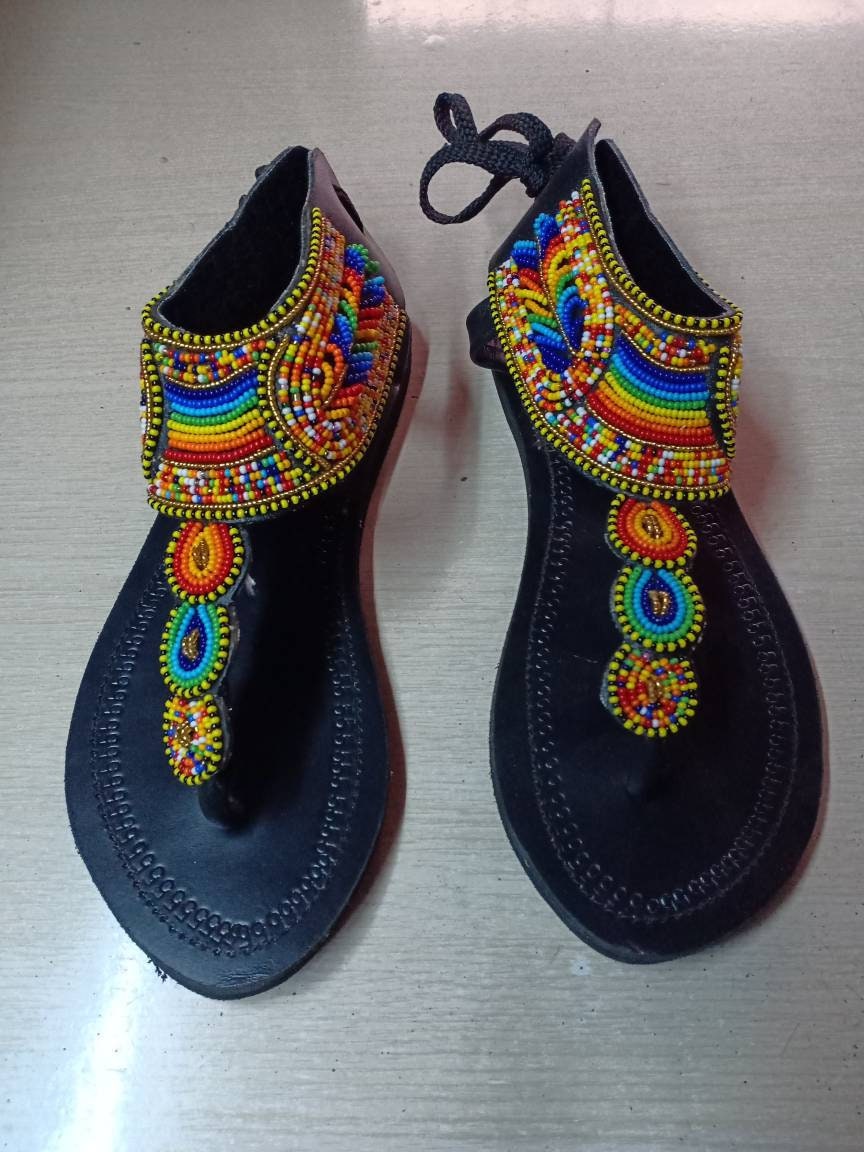 Handmade African Beaded Sandals/Authentic Maasai-Style Leather Flip-Flops Women/Boho Beach Sandals/Comfortable Summer Sandal African Gifts