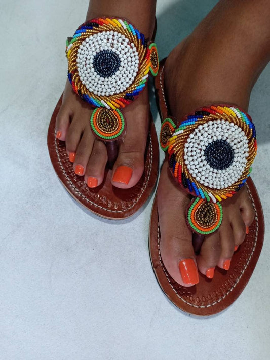 Handmade African Beaded Sandals/Authentic Maasai-Style Leather Flip-Flops Women/Boho Beach Sandals/Comfortable Summer Sandal African Gifts