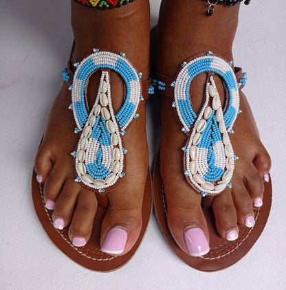Handmade African Beaded Sandals/Authentic Maasai-Style Leather Flip-Flops Women/Boho Beach Sandals/Comfortable Summer Sandal African Gifts