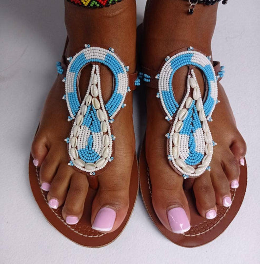Handmade African Beaded Sandals/Authentic Maasai-Style Leather Flip-Flops Women/Boho Beach Sandals/Comfortable Summer Sandal African Gifts