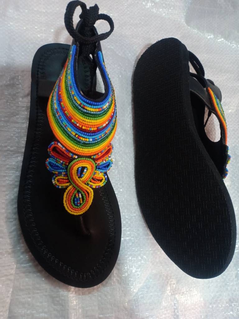 Handmade African Beaded Sandals/Authentic Maasai-Style Leather Flip-Flops Women/Boho Beach Sandals/Comfortable Summer Sandal African Gifts