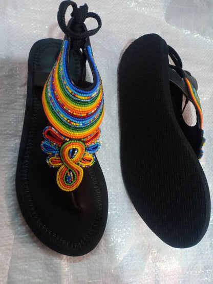 Handmade African Beaded Sandals/Authentic Maasai-Style Leather Flip-Flops Women/Boho Beach Sandals/Comfortable Summer Sandal African Gifts