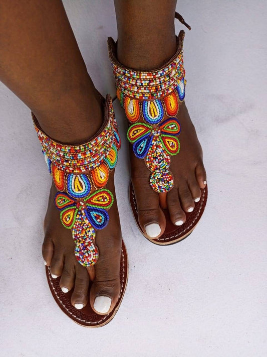Handmade African Beaded Sandals/Authentic Maasai-Style Leather Flip-Flops Women/Boho Beach Sandals/Comfortable Summer Sandal African Gifts