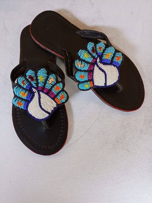 Handmade African Beaded Sandals/Authentic Maasai-Style Leather Flip-Flops Women/Boho Beach Sandals/Comfortable Summer Sandal African Gifts
