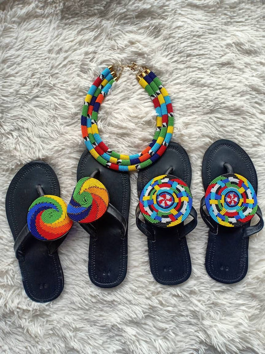 Handmade African Beaded Sandals/Authentic Maasai-Style Leather Flip-Flops Women/Boho Beach Sandals/Comfortable Summer Sandal African Gifts