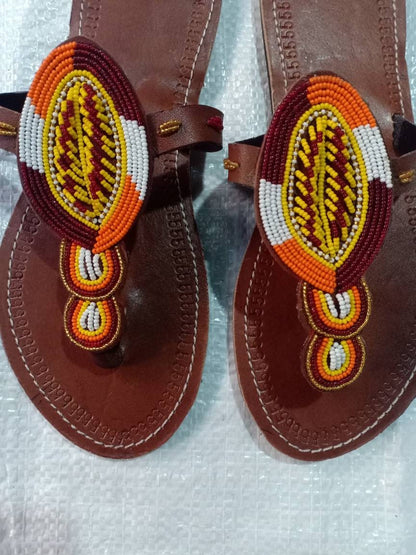 Handmade African Beaded Sandals/Authentic Maasai-Style Leather Flip-Flops Women/Boho Beach Sandals/Comfortable Summer Sandal African Gifts