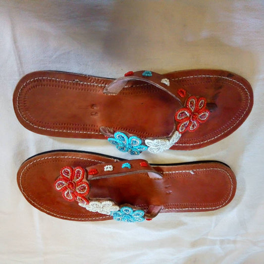 Handmade African Beaded Sandals/Authentic Maasai-Style Leather Flip-Flops Women/Boho Beach Sandals/Comfortable Summer Sandal African Gifts