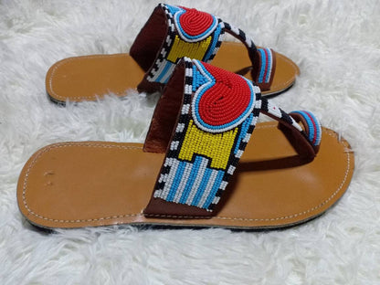Handmade African Beaded Sandals/Authentic Maasai-Style Leather Flip-Flops Women/Boho Beach Sandals/Comfortable Summer Sandal African Gifts