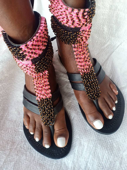 Handmade African Beaded Sandals/Authentic Maasai-Style Leather Flip-Flops Women/Boho Beach Sandals/Comfortable Summer Sandal African Gifts