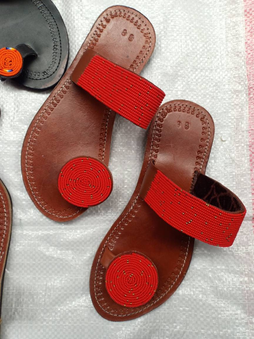 Handmade African Beaded Sandals/Authentic Maasai-Style Leather Flip-Flops Women/Boho Beach Sandals/Comfortable Summer Sandal African Gifts