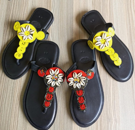 Handmade African Beaded Sandals/Authentic Maasai-Style Leather Flip-Flops Women/Boho Beach Sandals/Comfortable Summer Sandal African Gifts
