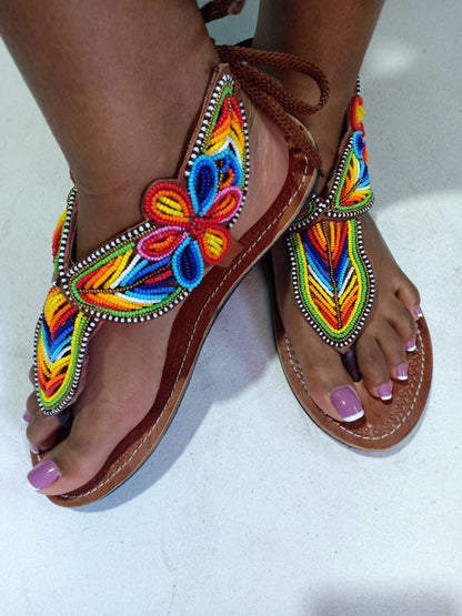 Handmade African Beaded Sandals/Authentic Maasai-Style Leather Flip-Flops Women/Boho Beach Sandals/Comfortable Summer Sandal African Gifts