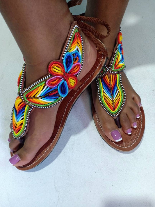 Handmade African Beaded Sandals/Authentic Maasai-Style Leather Flip-Flops Women/Boho Beach Sandals/Comfortable Summer Sandal African Gifts