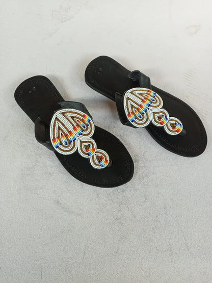 Handmade African Beaded Sandals/Authentic Maasai-Style Leather Flip-Flops Women/Boho Beach Sandals/Comfortable Summer Sandal African Gifts