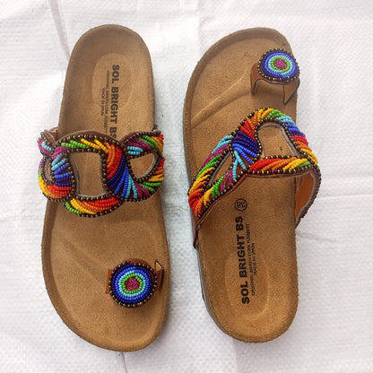 Handmade African Beaded Sandals/Authentic Maasai-Style Leather Flip-Flops Women/Boho Beach Sandals/Comfortable Summer Sandal African Gifts
