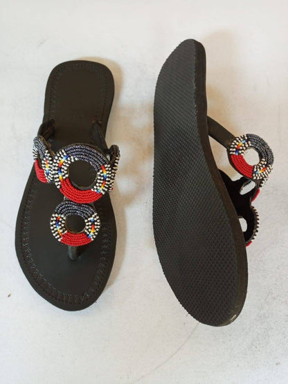 Handmade African Beaded Sandals/Authentic Maasai-Style Leather Flip-Flops Women/Boho Beach Sandals/Comfortable Summer Sandal African Gifts