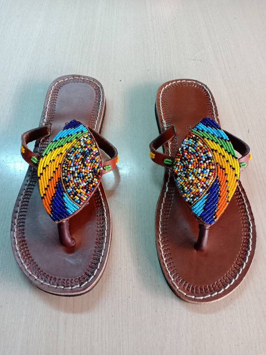 Handmade African Beaded Sandals/Authentic Maasai-Style Leather Flip-Flops Women/Boho Beach Sandals/Comfortable Summer Sandal African Gifts