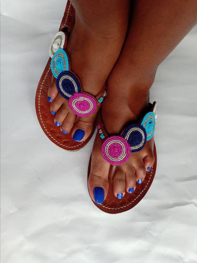 Handmade African Beaded Sandals/Authentic Maasai-Style Leather Flip-Flops Women/Boho Beach Sandals/Comfortable Summer Sandal African Gifts