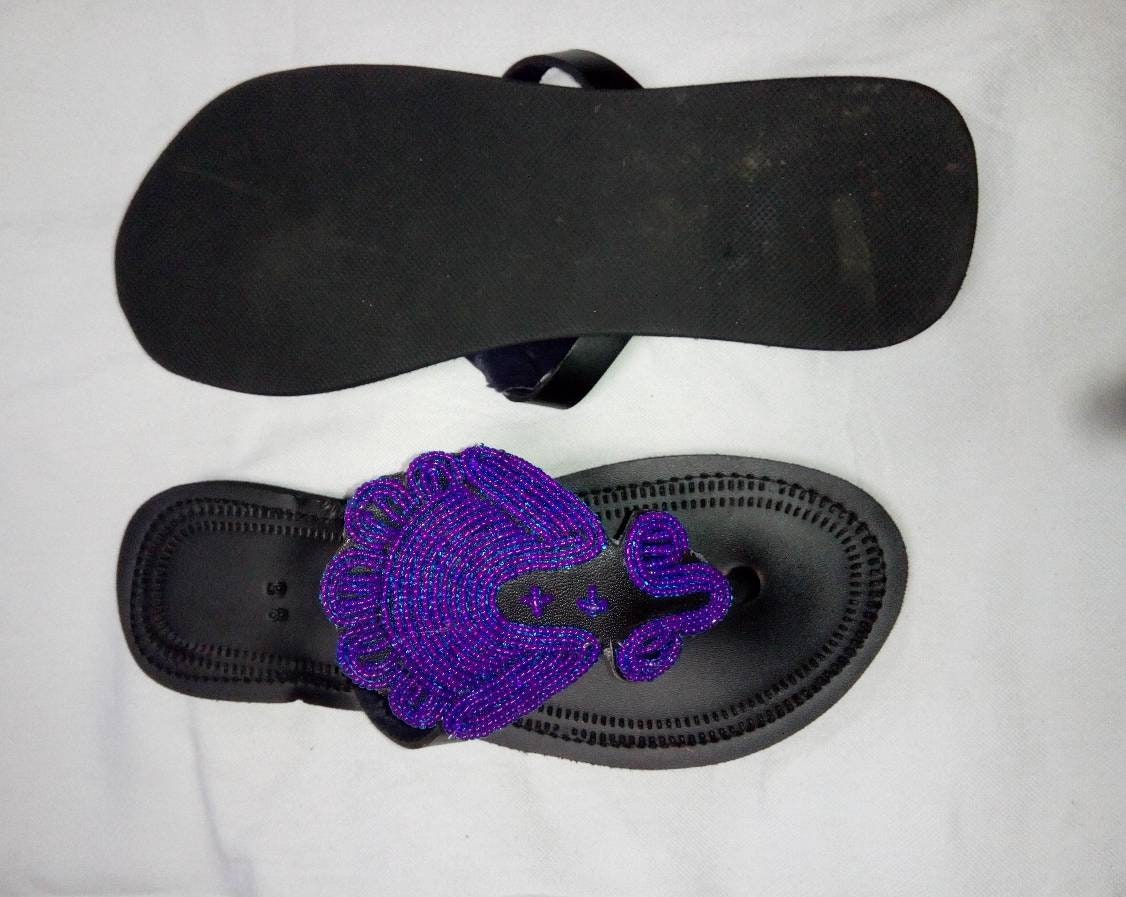 Handmade African Beaded Sandals/Authentic Maasai-Style Leather Flip-Flops Women/Boho Beach Sandals/Comfortable Summer Sandal African Gifts