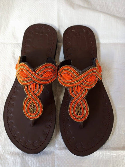 Handmade African Beaded Sandals/Authentic Maasai-Style Leather Flip-Flops Women/Boho Beach Sandals/Comfortable Summer Sandal African Gifts