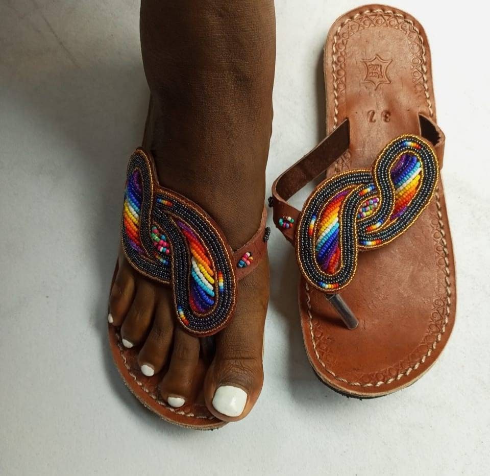 Handmade African Beaded Sandals/Authentic Maasai-Style Leather Flip-Flops Women/Boho Beach Sandals/Comfortable Summer Sandal African Gifts
