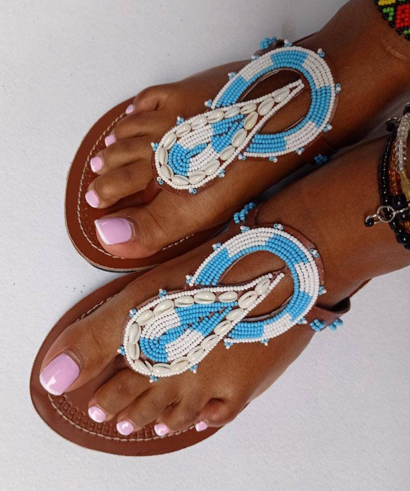 Handmade African Beaded Sandals/Authentic Maasai-Style Leather Flip-Flops Women/Boho Beach Sandals/Comfortable Summer Sandal African Gifts