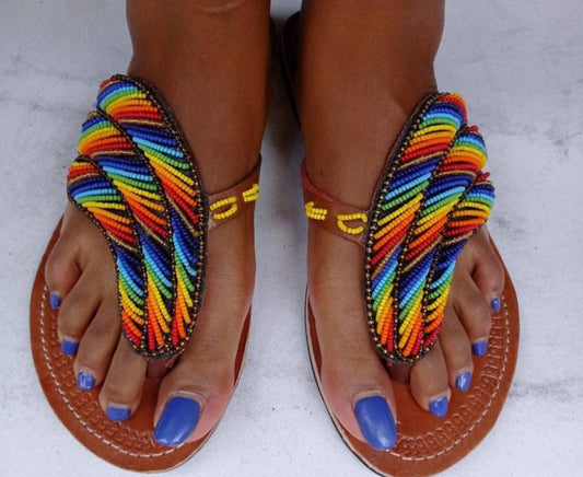 Handmade African Beaded Sandals/Authentic Maasai-Style Leather Flip-Flops Women/Boho Beach Sandals/Comfortable Summer Sandal African Gifts