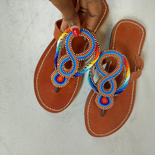 Handmade African Beaded Sandals/Authentic Maasai-Style Leather Flip-Flops Women/Boho Beach Sandals/Comfortable Summer Sandal African Gifts