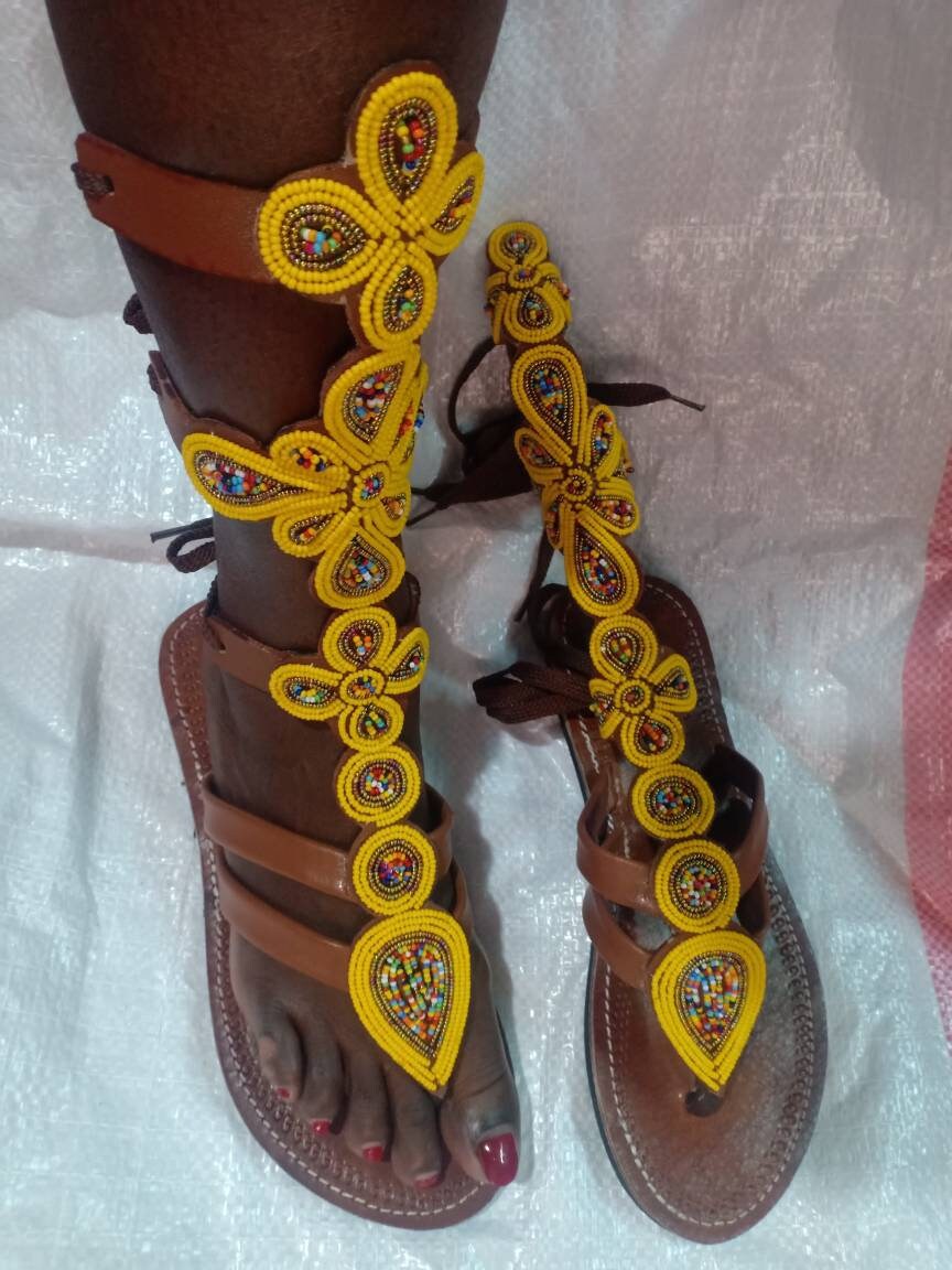 Handmade African Beaded Sandals/Authentic Maasai-Style Leather Flip-Flops Women/Boho Beach Sandals/Comfortable Summer Sandal African Gifts