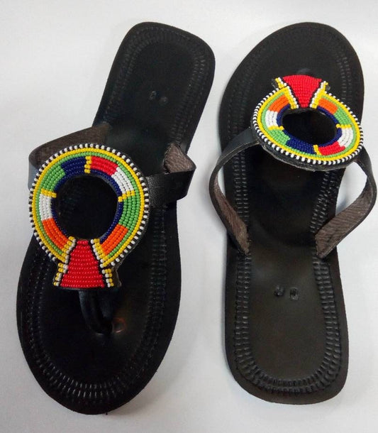 Handmade African Beaded Sandals/Authentic Maasai-Style Leather Flip-Flops Women/Boho Beach Sandals/Comfortable Summer Sandal African Gifts