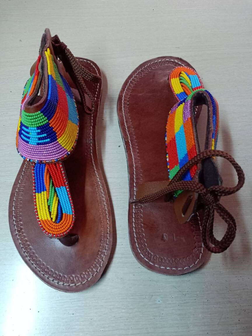 Handmade African Beaded Sandals/Authentic Maasai-Style Leather Flip-Flops Women/Boho Beach Sandals/Comfortable Summer Sandal African Gifts