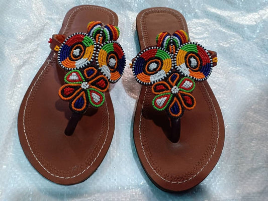 Handmade African Beaded Sandals/Authentic Maasai-Style Leather Flip-Flops Women/Boho Beach Sandals/Comfortable Summer Sandal African Gifts