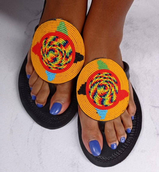 Handmade African Beaded Sandals/Authentic Maasai-Style Leather Flip-Flops Women/Boho Beach Sandals/Comfortable Summer Sandal African Gifts