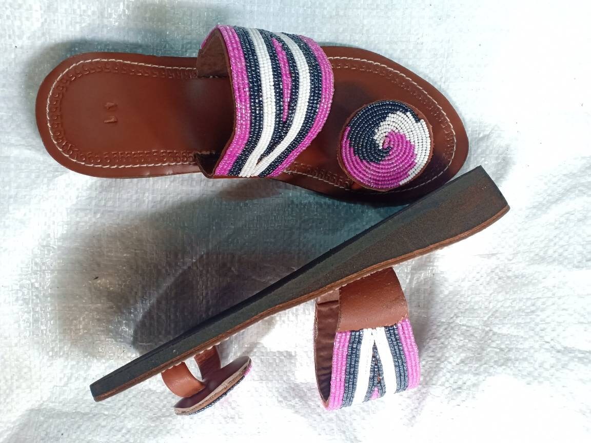 Handmade African Beaded Sandals/Authentic Maasai-Style Leather Flip-Flops Women/Boho Beach Sandals/Comfortable Summer Sandal African Gifts