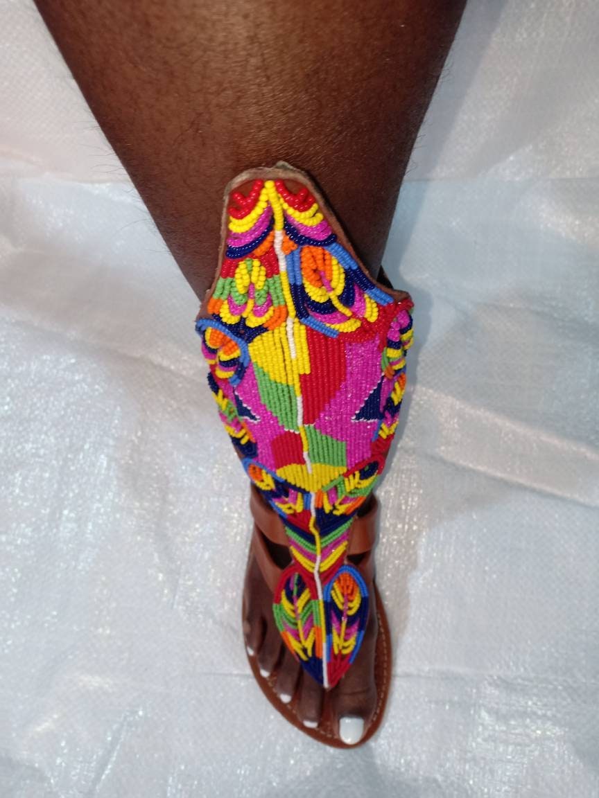 Handmade African Beaded Sandals/Authentic Maasai-Style Leather Flip-Flops Women/Boho Beach Sandals/Comfortable Summer Sandal African Gifts
