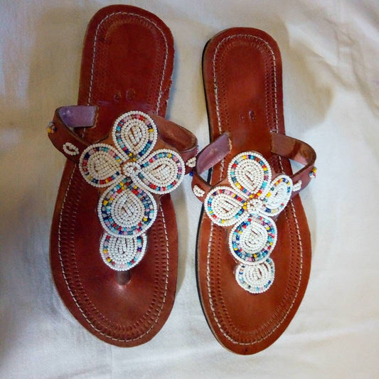 Handmade African Beaded Sandals/Authentic Maasai-Style Leather Flip-Flops Women/Boho Beach Sandals/Comfortable Summer Sandal African Gifts