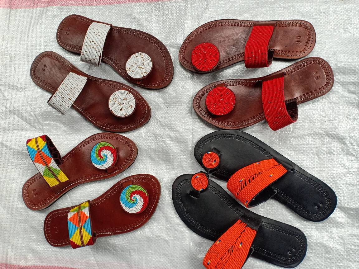 Handmade African Beaded Sandals/Authentic Maasai-Style Leather Flip-Flops Women/Boho Beach Sandals/Comfortable Summer Sandal African Gifts