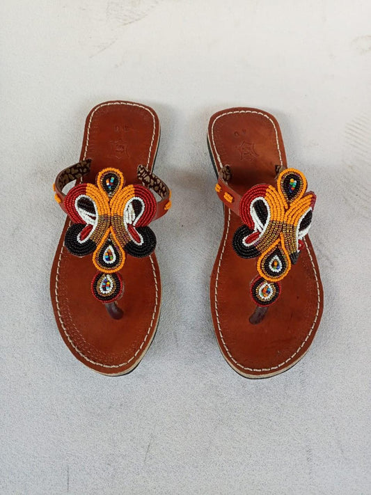 Handmade African Beaded Sandals/Authentic Maasai-Style Leather Flip-Flops Women/Boho Beach Sandals/Comfortable Summer Sandal African Gifts