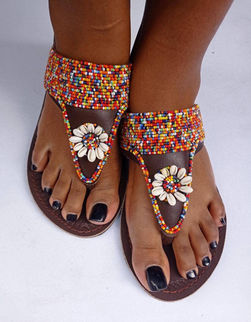 Handmade African Beaded Sandals/Authentic Maasai-Style Leather Flip-Flops Women/Boho Beach Sandals/Comfortable Summer Sandal African Gifts