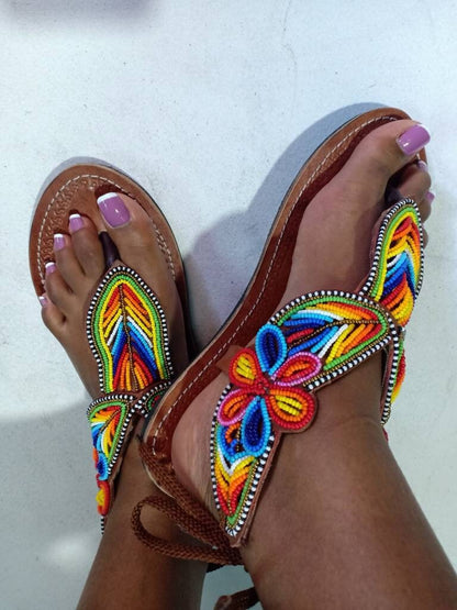 Handmade African Beaded Sandals/Authentic Maasai-Style Leather Flip-Flops Women/Boho Beach Sandals/Comfortable Summer Sandal African Gifts