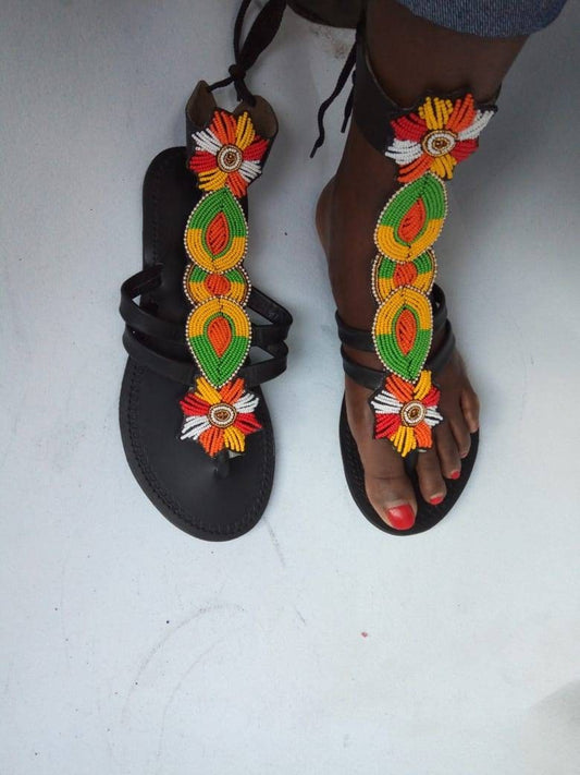 CUSTOMIZED African beaded sandals, summer sandals, Christmas gift for her,mom gift,beach sandals, leather sandals, gladiators sandals
